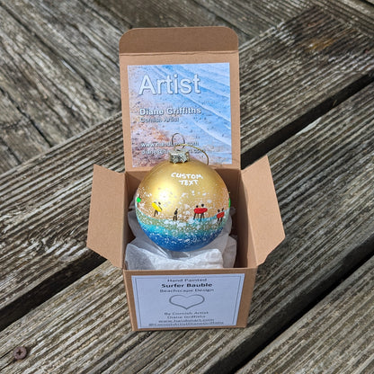 Hand Painted Bauble - Surfer - Gold - Customise Text